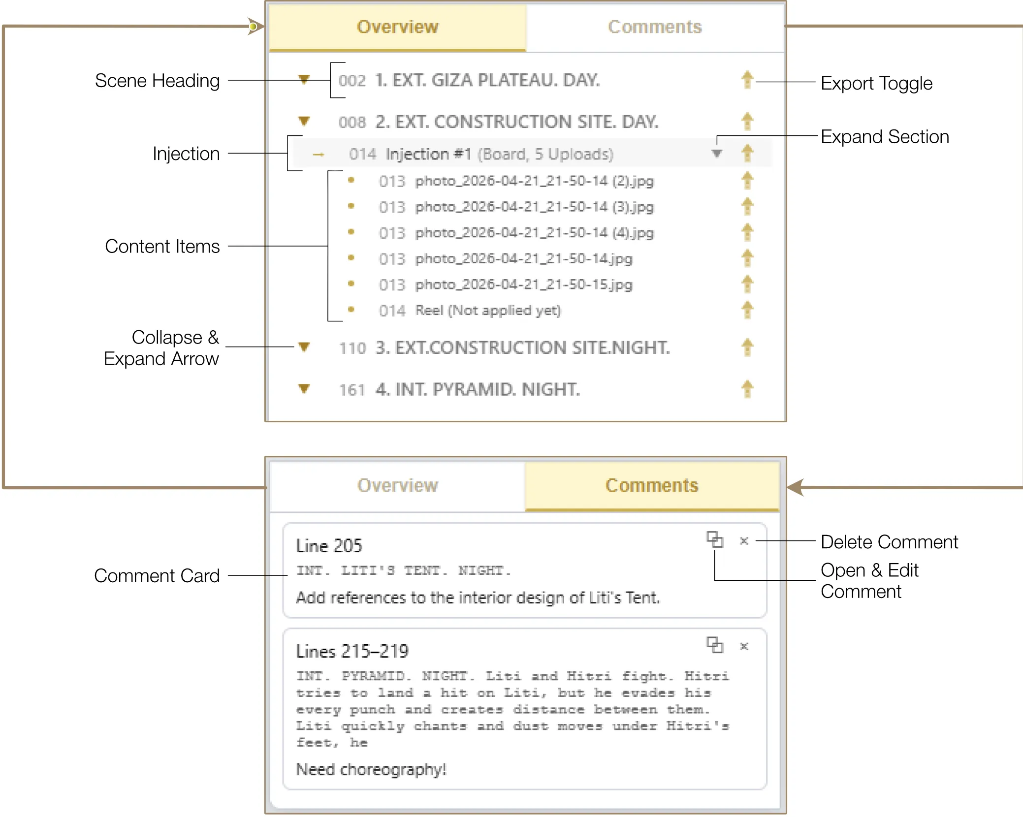 Overview panel showing project structure tree with scene headings, injections, and comment cards
